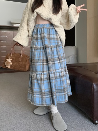 Real shot of woolen thickened Christmas red plaid high waist casual slimming cake skirt mid-length skirt