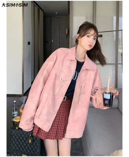 Autumn and winter pink leather jacket women's heavy-duty old gradient retro lapel jacket PU leather jacket top