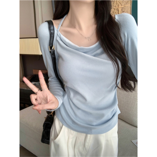 Actual shot of 2024 autumn and winter wear brushed off-shoulder halterneck long-sleeved T-shirt for women