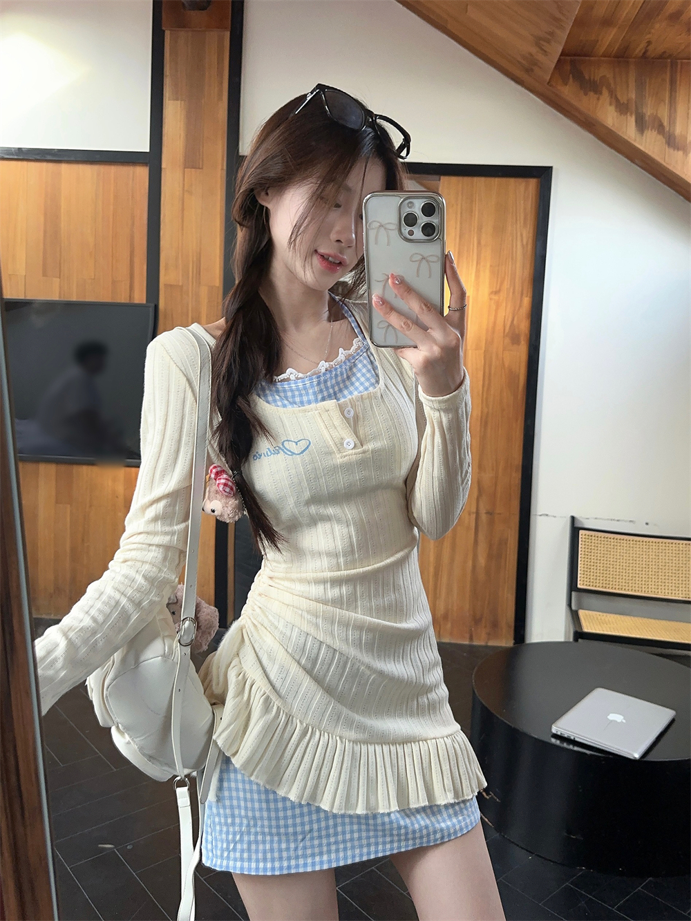 Real shot~ Korean style irregular off-the-shoulder fake two-piece short slimming long-sleeved knit dress 