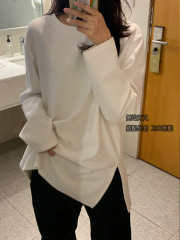 Top design, spring and autumn slit, loose inner, brushed bottoming shirt, white long-sleeved T-shirt for women