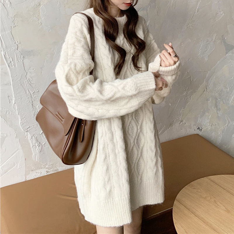 New mid-length sweater for women, loose outer wear, lazy style, retro pullover, twist knitted sweater top