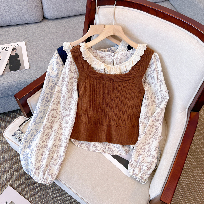 2024 new autumn women's retro vest knitted vest with ruffled floral chiffon shirt two-piece set