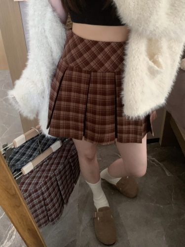 Real shot of autumn and winter high-waisted pleated skirt A-line short retro wool plaid versatile slimming skirt