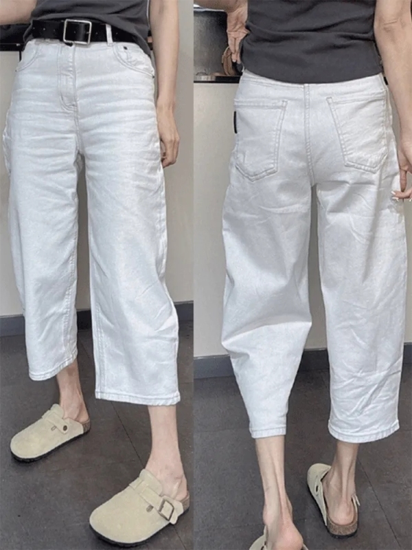 White casual jeans for women, loose high-waisted pear-shaped body slimming nine-point wide-leg pants trendy ins