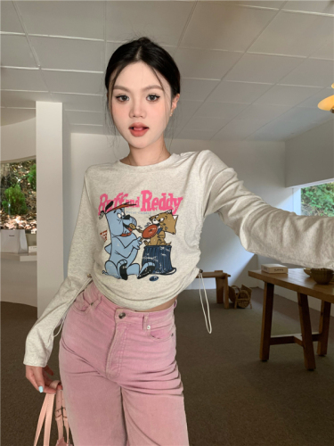 Real shot American retro cartoon print drawstring short long-sleeved top