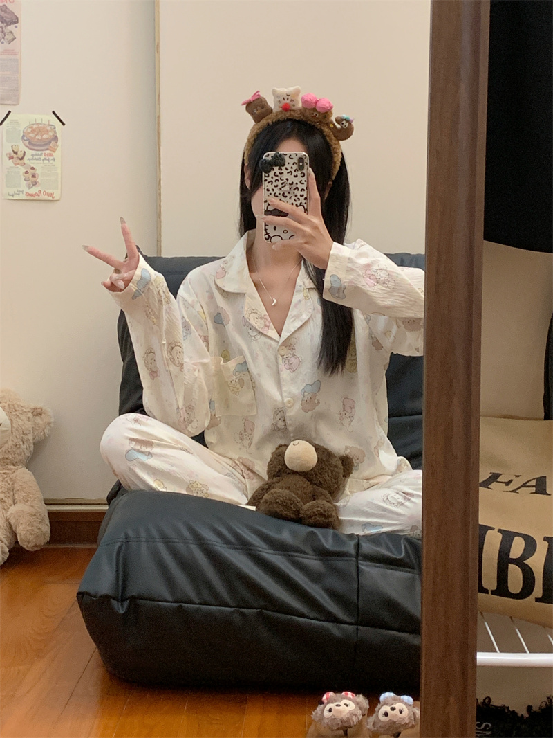Photographed Autumn New Japanese Style Pink Cartoon Sleepwear Sweet and Cute Puppy Home Long Sleeve Two-Piece Set
