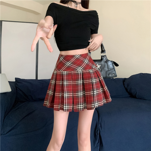 High waist plaid skirt a line skirt plaid skirt slimming pleated skirt spring and summer jk short skirt skirt for women