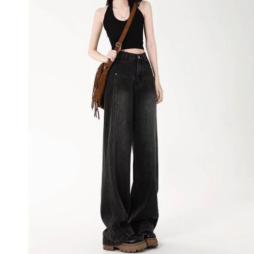 Wide-leg jeans for women in autumn new style high-waisted straight-leg loose slimming design wide-leg floor-length pants