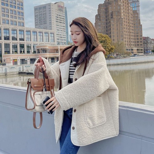 Lamb plush coat for women in autumn and winter plus velvet and thickened hooded loose and versatile new Korean style fur all-in-one cotton coat for women