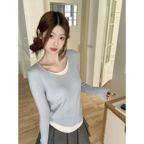 Real shot of autumn and winter Korean style round neck contrasting fake two-piece temperament versatile 6 wool knitted bottoming shirt top