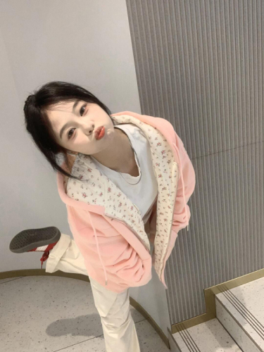 Pink floral print hoodie coat for women, 2024 new spring and autumn oversized loose lazy style zipper cardigan