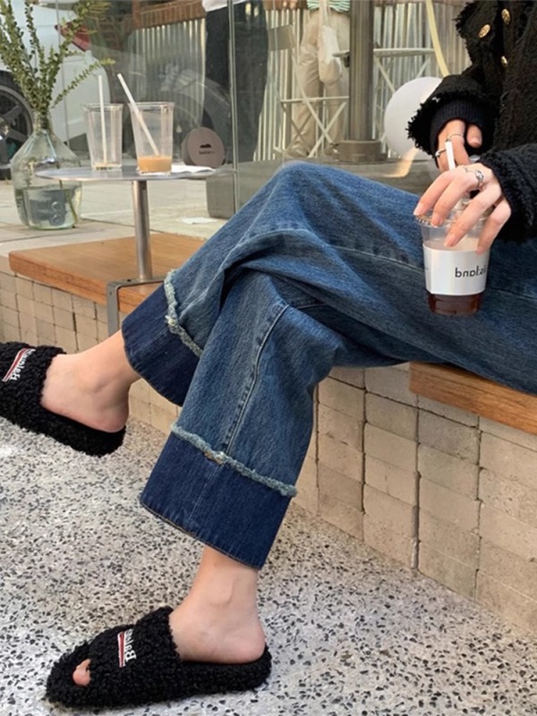 Large size fat mm retro high-waisted straight-leg curled jeans for women in spring and autumn new loose Korean style slimming wide-leg pants
