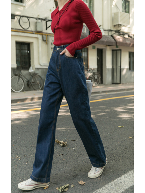 Dark Blue High Waisted Wide Leg Pants Jeans Women's Straight Leg Loose Slim Pants New Spring and Autumn Autumn