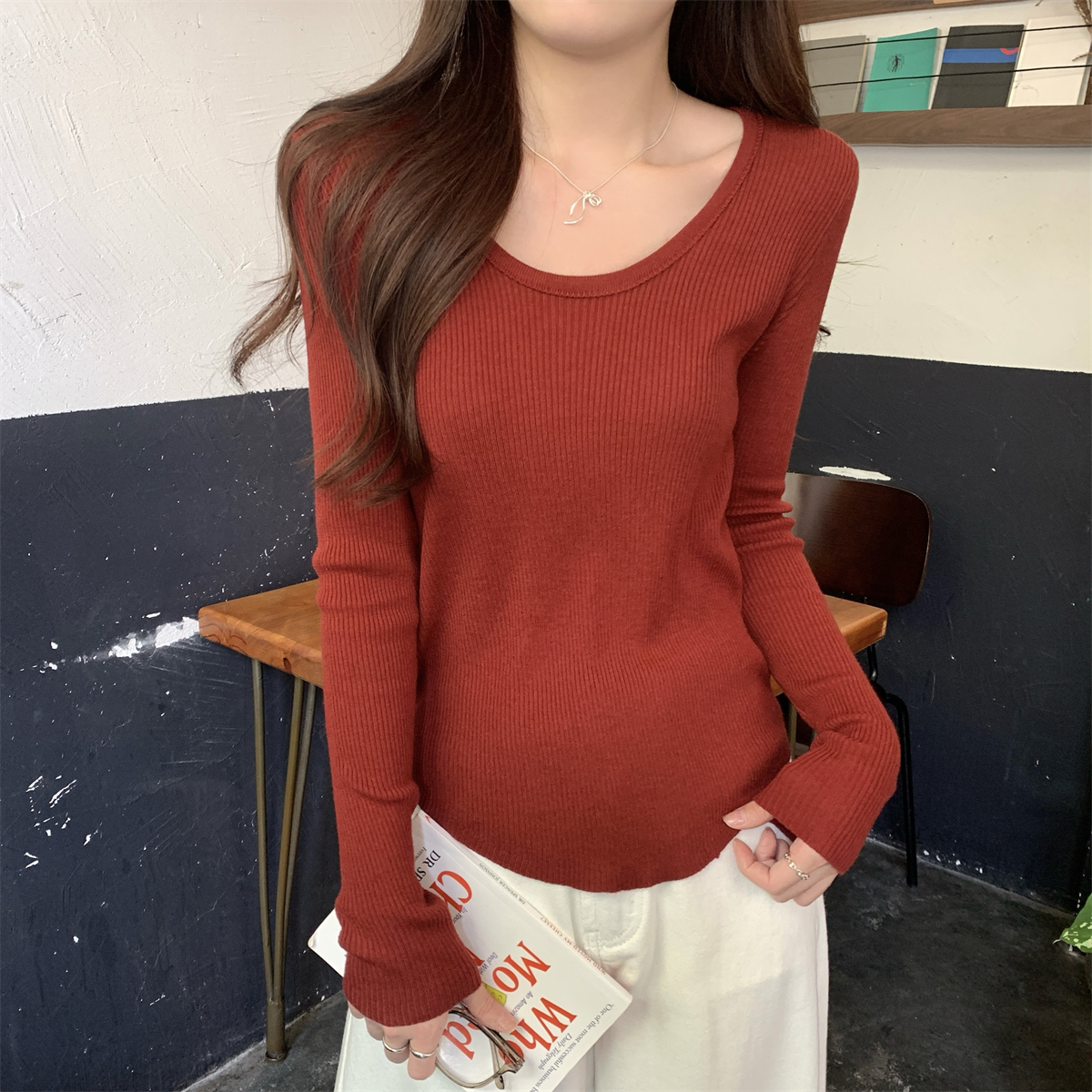 Real shot of autumn and winter Korean style v-neck slim, soft and versatile 6 wool knitted bottoming shirt long-sleeved top
