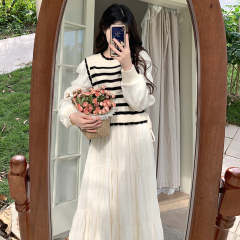 Fat MM's new Korean style gentle style splicing stripes contrasting color splicing waist fairy dress for women