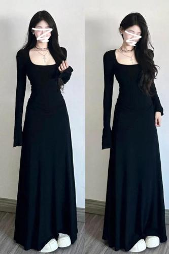 2024 early autumn new Korean style high-end black long-sleeved dress early autumn women's royal sister style slim long skirt