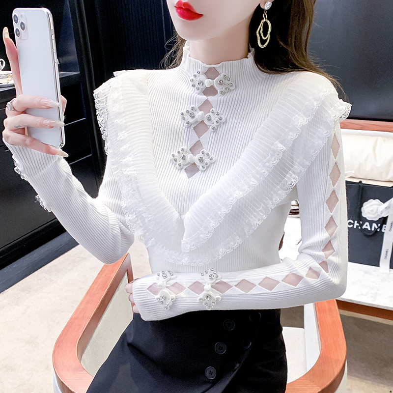 Autumn and winter long-sleeved diamond-encrusted ear-hem tops, sweet knitted tops with a niche design, hollow out and slim-fitting women's clothing