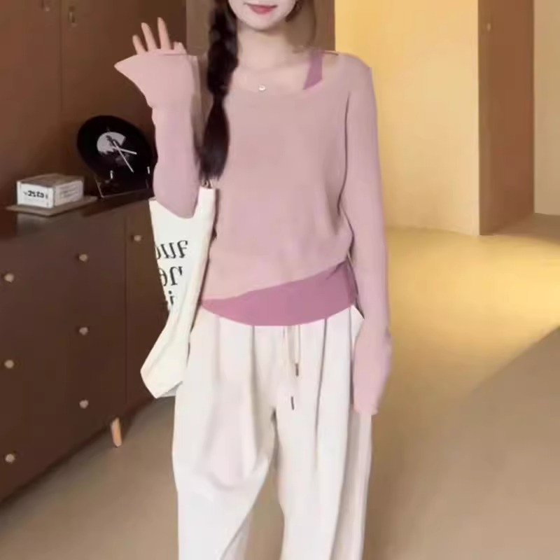 Pink pullover fake two-piece long-sleeved women's early autumn new slim-fitting bottoming shirt top