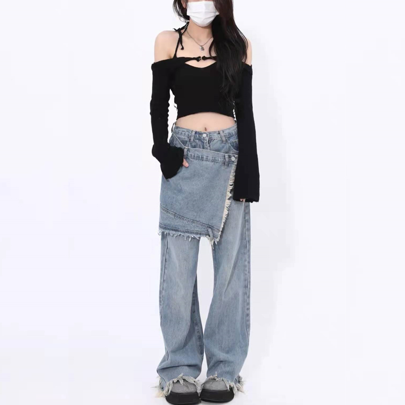 High street girl wear design niche jeans skirt women's spring plus size women's fat slimming mm wide leg pants