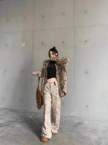 Autumn New American Retro Tie-Dye Print Casual Wide-Leg Pants for Women High-Waisted Loose-Fitting Slimming Flowy Floor-Length Pants