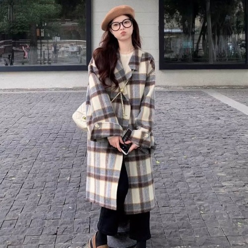 Tartan coat women's mid-length 2024 autumn and winter new style high-end Maillard small woolen coat