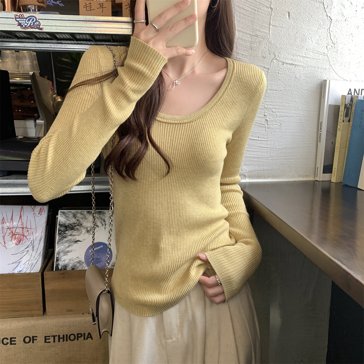 Real shot of autumn and winter Korean style v-neck slimming soft and waxy 6 wool knitted bottoming shirt long-sleeved top for women