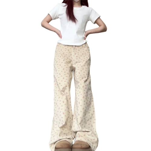 American Retro Floral Straight Pants Women's Spring and Autumn 2024 New High Waisted Wide Leg Pants Loose Slim Casual Pants