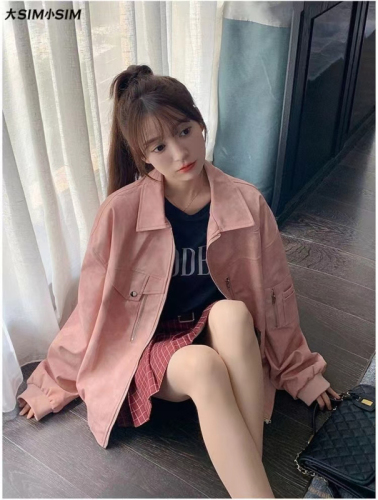 Autumn and winter pink leather jacket women's heavy-duty old gradient retro lapel jacket PU leather jacket top