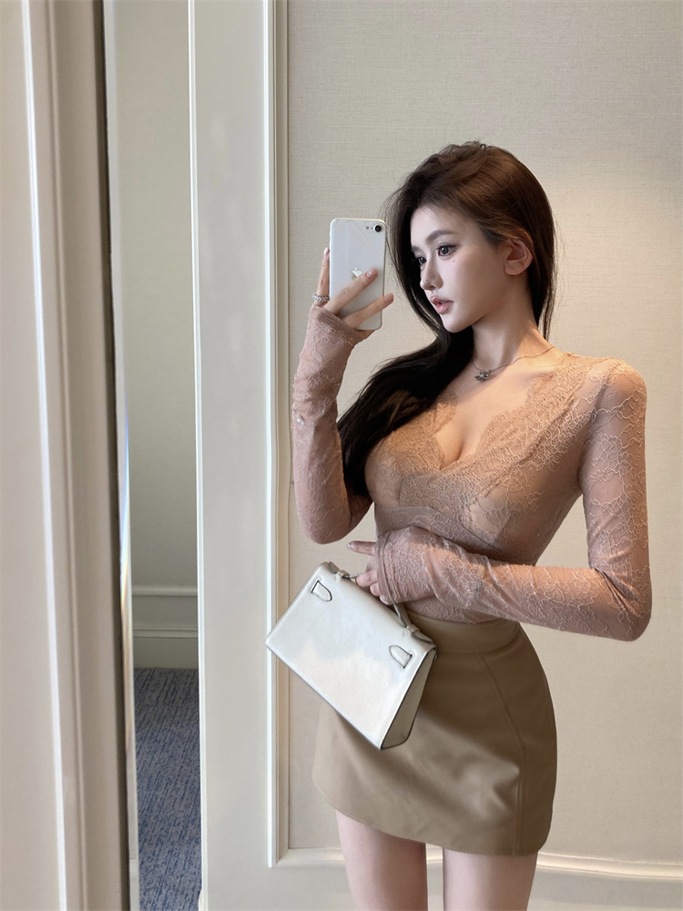 實拍 性感微透睫毛花邊蕾絲長袖V領上衣女