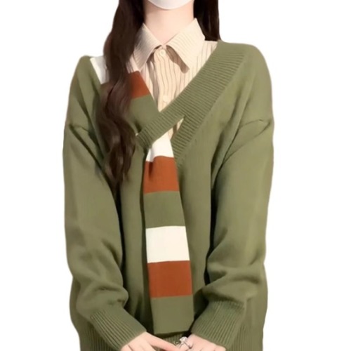 Korean style striped fake scarf, lazy and loose V-neck sweater, pullover sweater