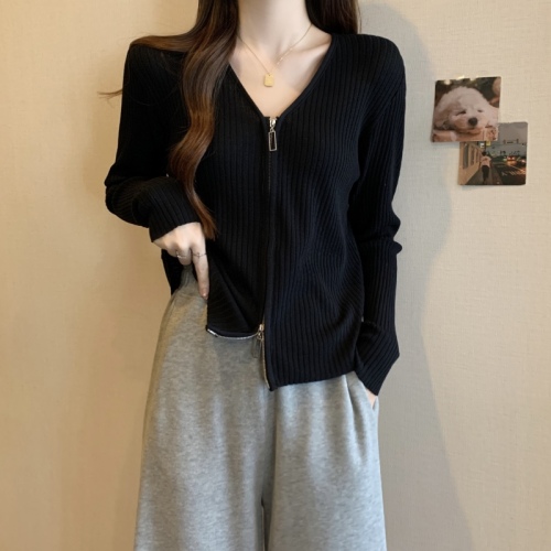 Quarter plus size women's right shoulder design long sleeve knitted cardigan women's tummy-covering zipper top