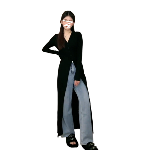 Black V-neck knitted long-sleeved dress for women 2024 new style high-end wear for small people