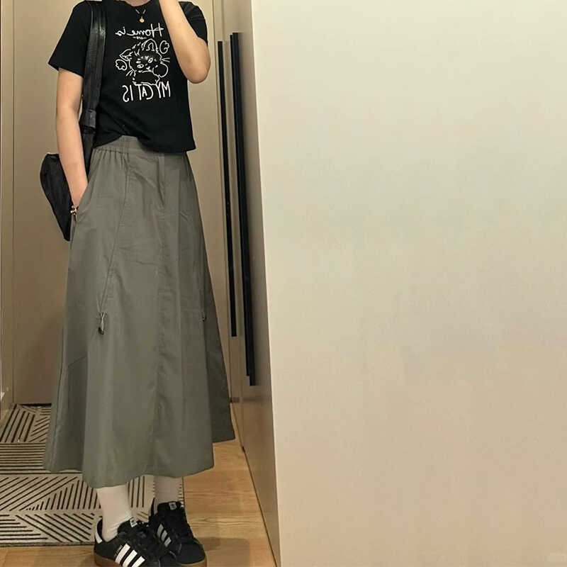 New American Drawstring Paratrooper Skirt Women's Autumn Fat mm High Waist Slim A-Line Workwear Half Skirt