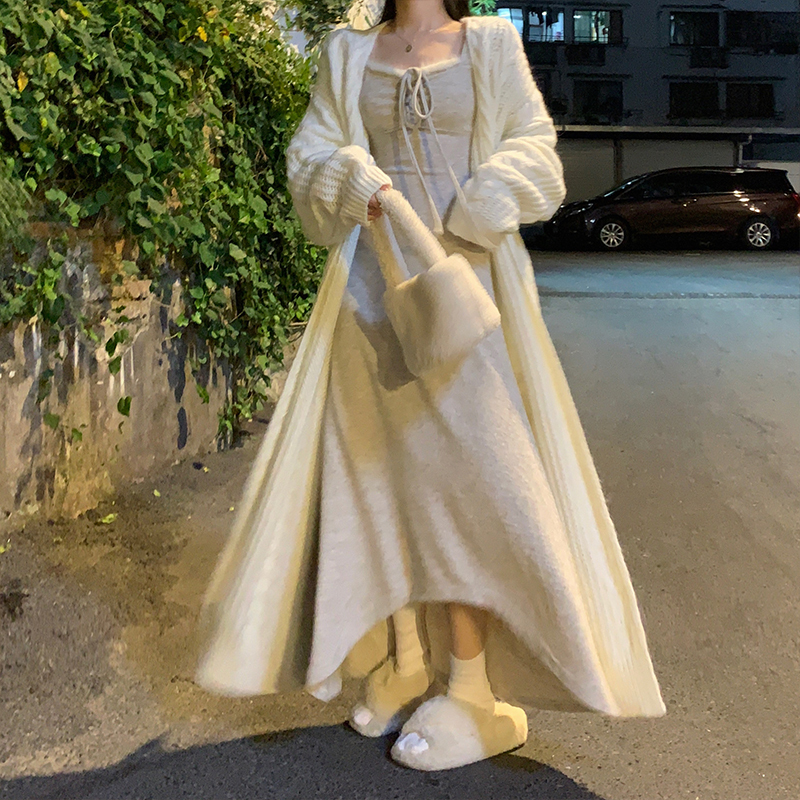 Plus size women's new long sweater coat slim slim bell sleeve dress two-piece suit