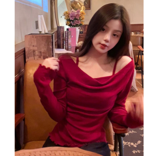 Pure cotton retro niche fake two-piece autumn new hot girl swing collar bottoming shirt women's slimming top