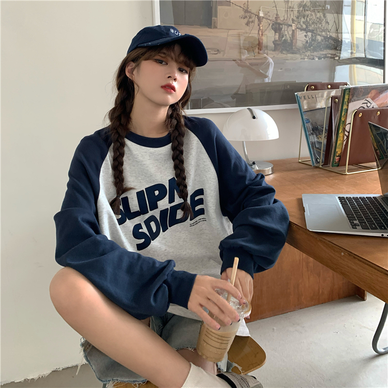 Spring and Autumn Korean Style Loose Lazy Style Slimming Versatile Simple Contrast Color Letters Fashionable Long Sleeve Sweatshirt