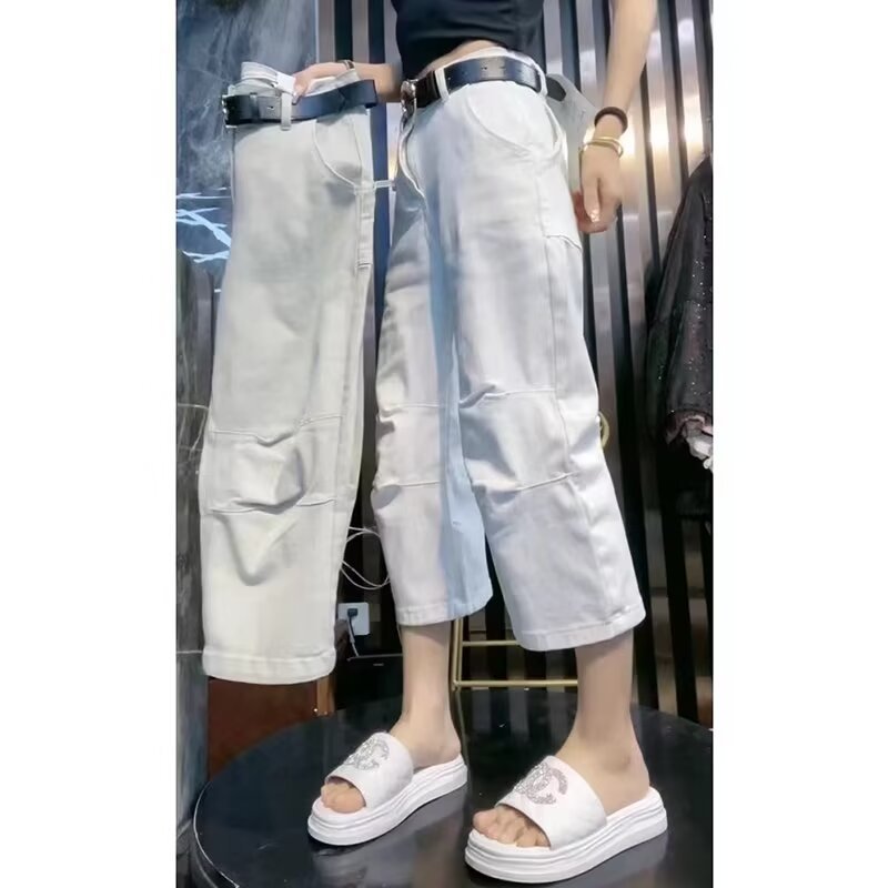 Large size white jeans for women in autumn, thin, fat mm, small, loose, slim, high-waisted, eight-point straight wide-leg pants
