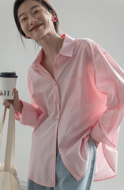 Pink shirt women's autumn long-sleeved top shirt jacket white blue new design niche