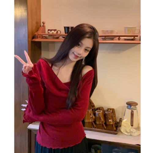 Pure cotton retro niche fake two-piece autumn new hot girl swing collar bottoming shirt women's slimming top