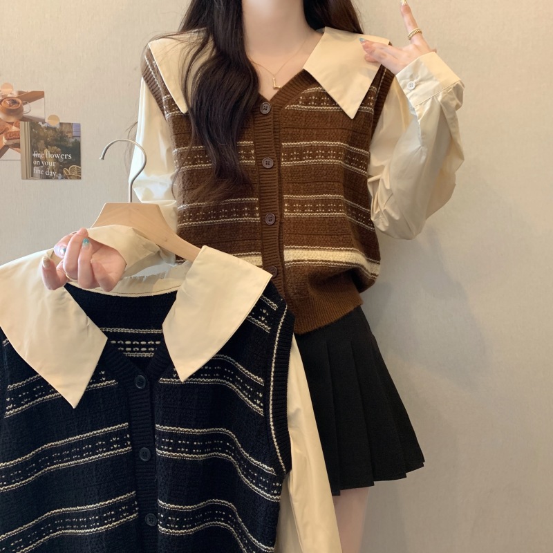 Plus size women's fat autumn fake two-piece long-sleeved shirt spliced ​​bottoming sweater slimming top for women