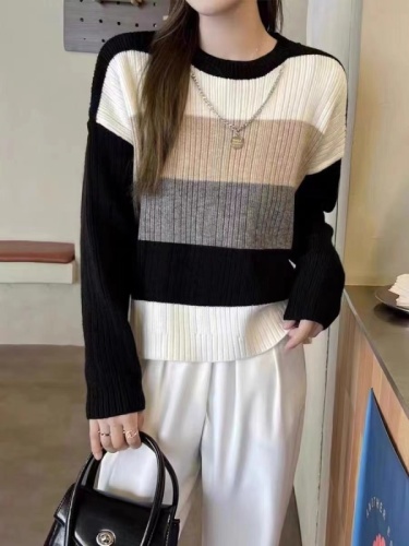 Retro contrast striped pullover sweater lazy style sweater for women 2024 autumn new style French chic sweater trend