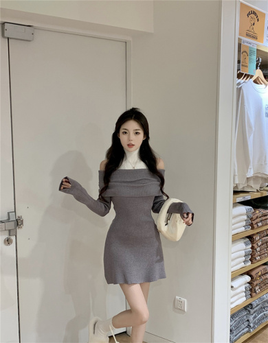 Actual shot of new autumn one-shoulder high-neck slim knitted dress