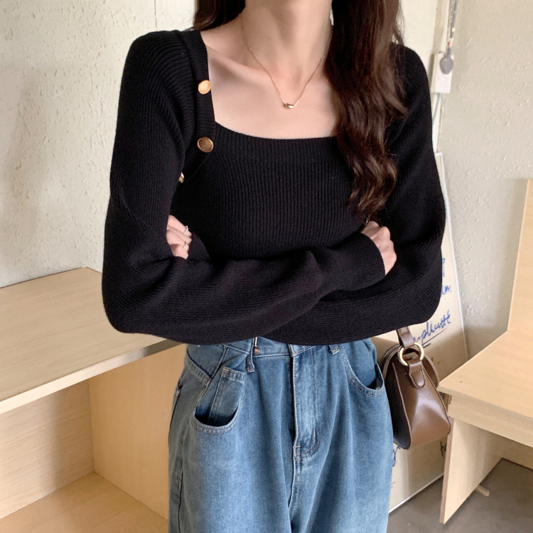 Fat MM 200 pounds autumn and winter long-sleeved sweater Korean style plus size women's clothing fat sister square collar knitted top