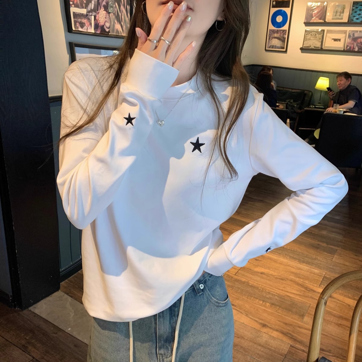 Official picture pure cotton 210g 100% cotton five-pointed star embroidered long-sleeved T-shirt women's base layer inner top