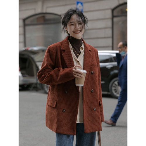 Corduroy suit casual jacket for women autumn and winter new retro Korean style Hong Kong style design high-end temperament black