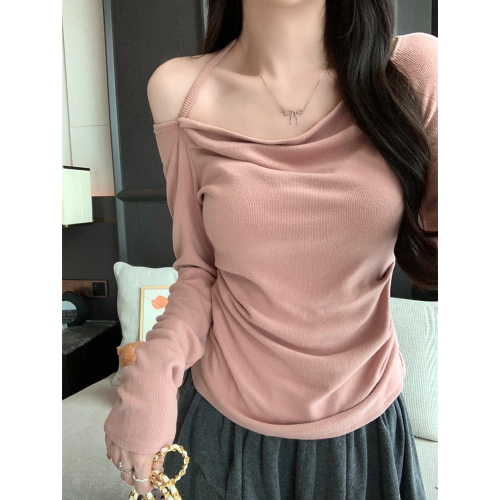 Actual shot of 2024 autumn and winter wear brushed off-shoulder halterneck long-sleeved T-shirt for women