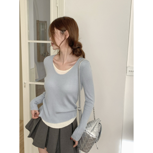 Real shot of autumn and winter Korean style round neck contrasting fake two-piece temperament versatile 6 wool knitted bottoming shirt top