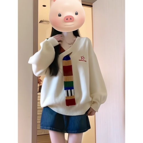 American retro rainbow wool splicing v-neck sweater jacket autumn and winter loose college style high-end women's sweater