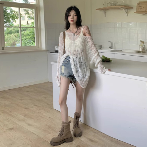 2024 new style hollow design drawstring strap v-neck sun protection sweater women's thin air-conditioning blouse top